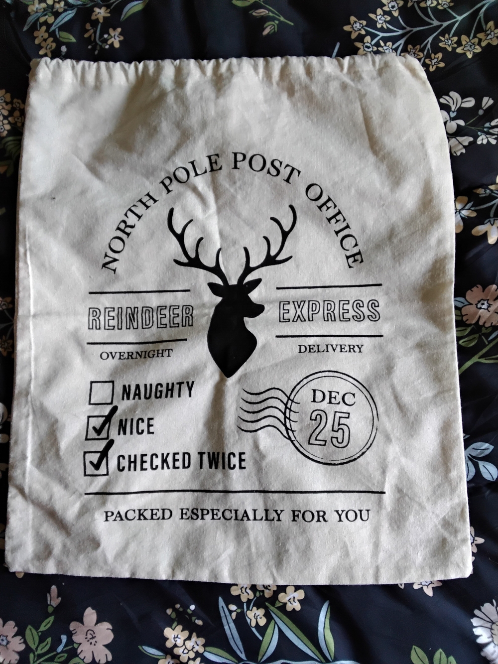 Reindeer Express North Pole Gift Sack - White with Black Print
